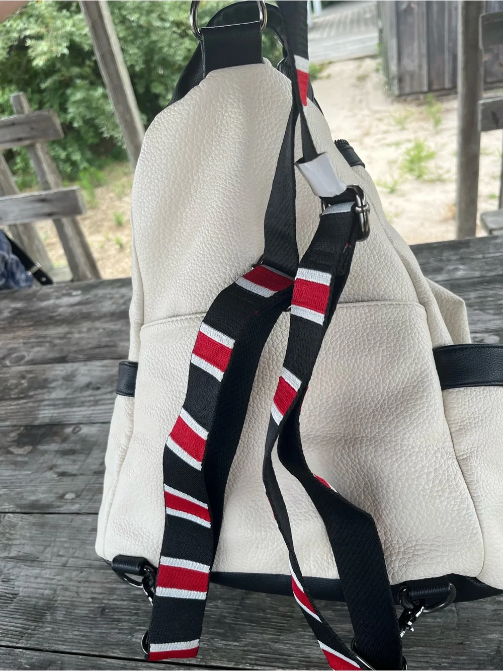 LUMBER UNION  Cream Leather Backpack with Black & Red Strap